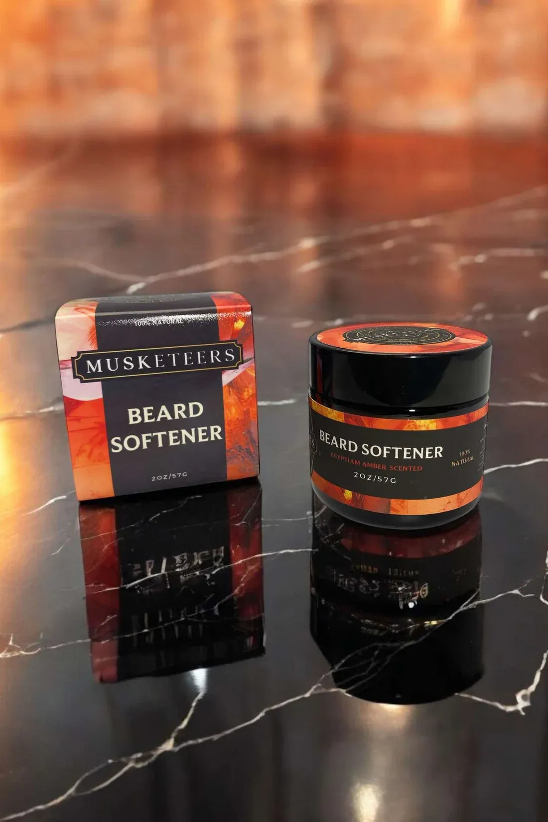 Musketeers Egyptian Amber Beard Softener jar and box on dark marble