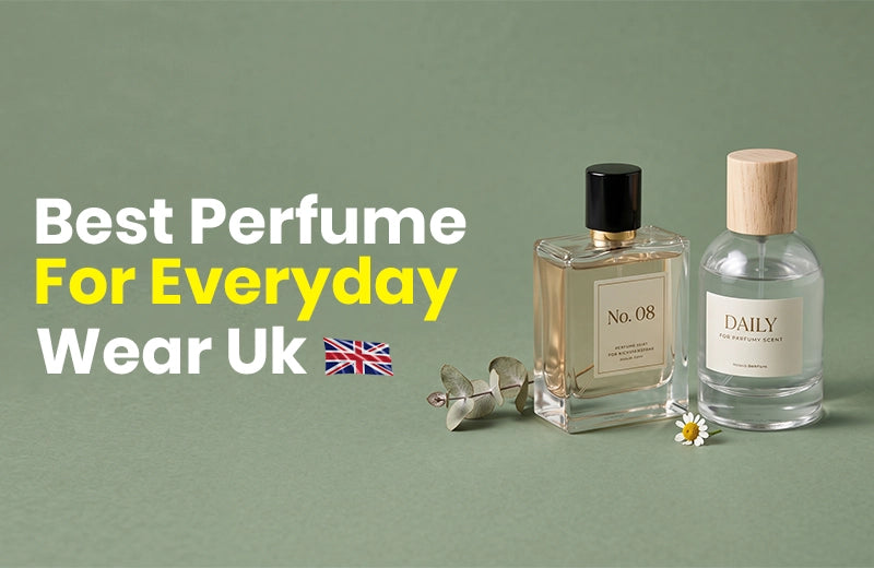 Two minimalist perfume bottles with eucalyptus and a daisy on a sage green background