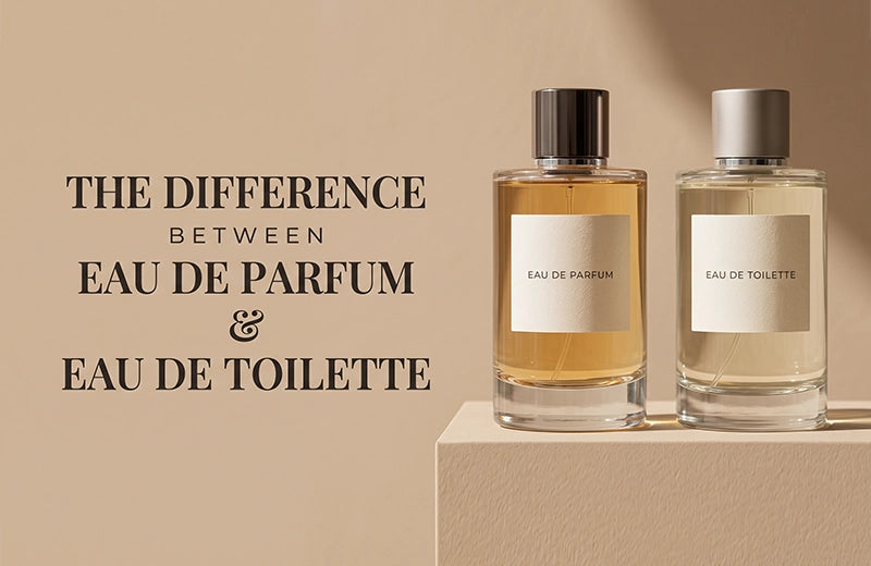 Two glass perfume bottles labelled eau de parfum and eau de toilette on a beige plinth