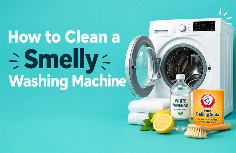 Open front-loading washing machine with white vinegar, bicarbonate of soda, a lemon, towels and a scrubbing brush