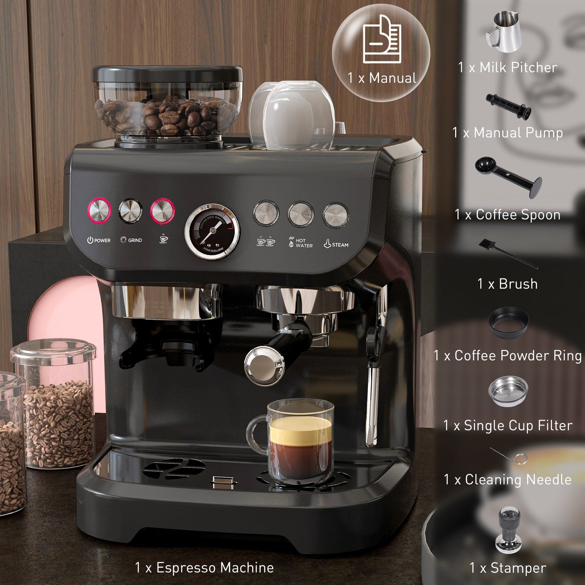 15 Bar Coffee Machine, with Adjustable Grind, Steamer and Accessories by HOMCOM - Aapon Mini Market Ltd