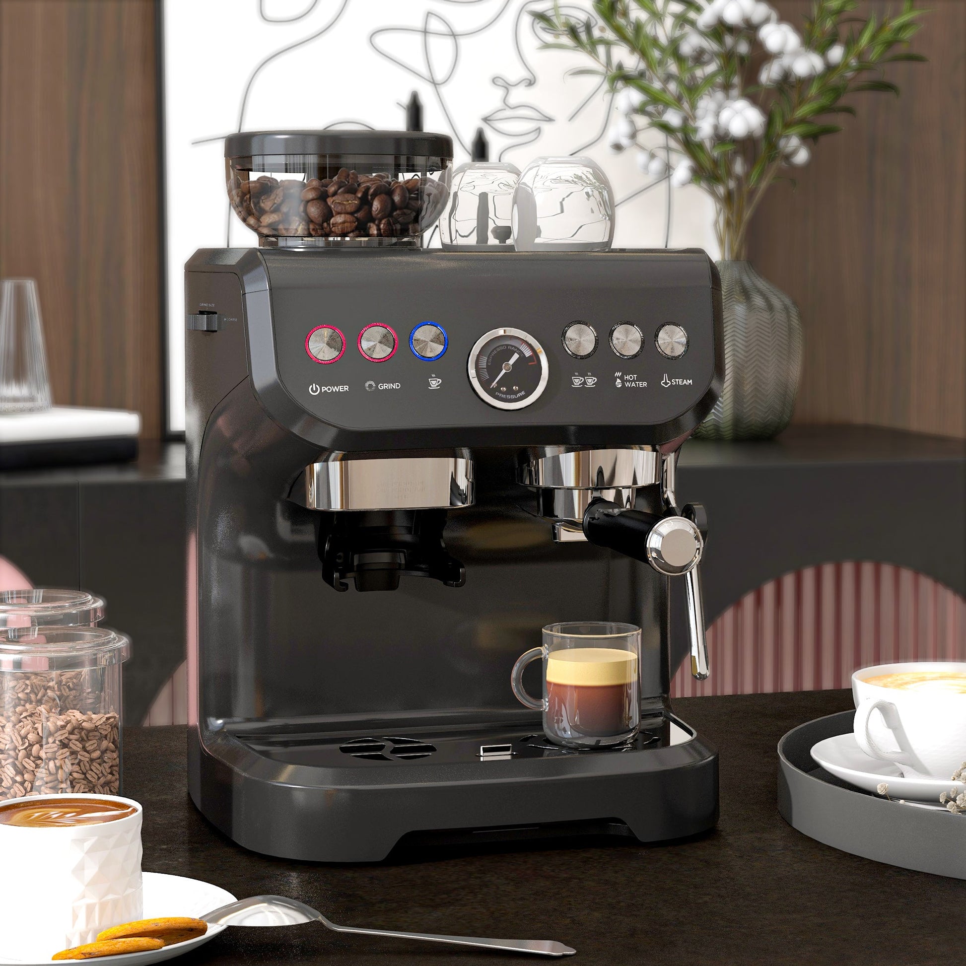 15 Bar Coffee Machine, with Adjustable Grind, Steamer and Accessories by HOMCOM - Aapon Mini Market Ltd
