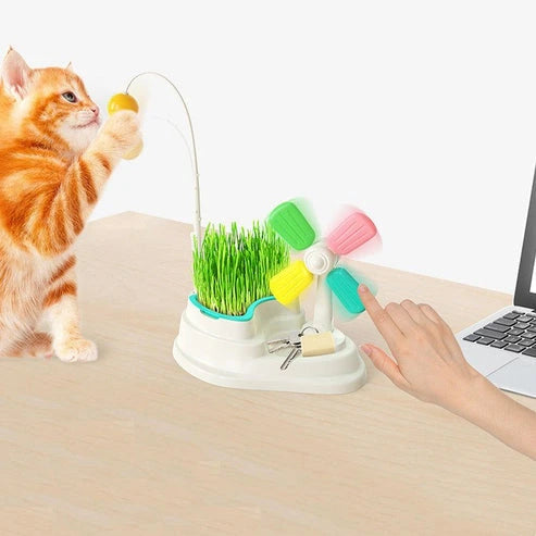 Aaponminimarket Cat Windmill Interactive Toy with Grass Box