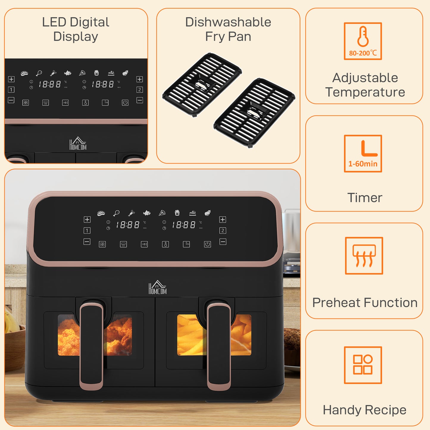 8L Dual Air Fryer, Family Size Double Air Fryer Oven w/ 8-In-1 Presets, Smart Finish, Digital Display, Visual Window, Timer | HOMCOM-6