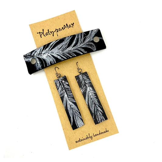 Silver Feather on Black Leather Barrette and Earring Gift Set Aapon Mini Market Ltd