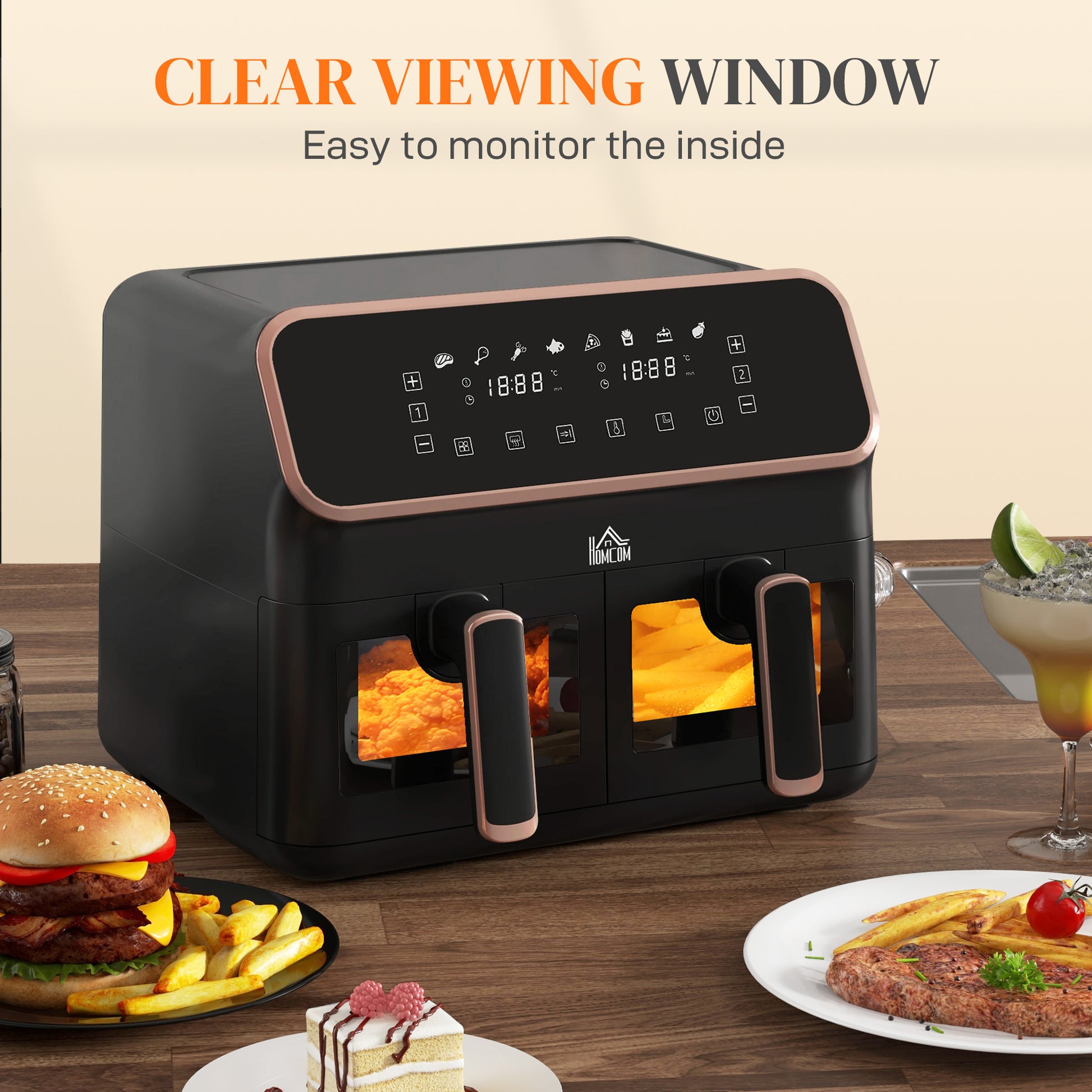 8L Dual Air Fryer, Family Size Double Air Fryer Oven w/ 8-In-1 Presets, Smart Finish, Digital Display, Visual Window, Timer | HOMCOM-5