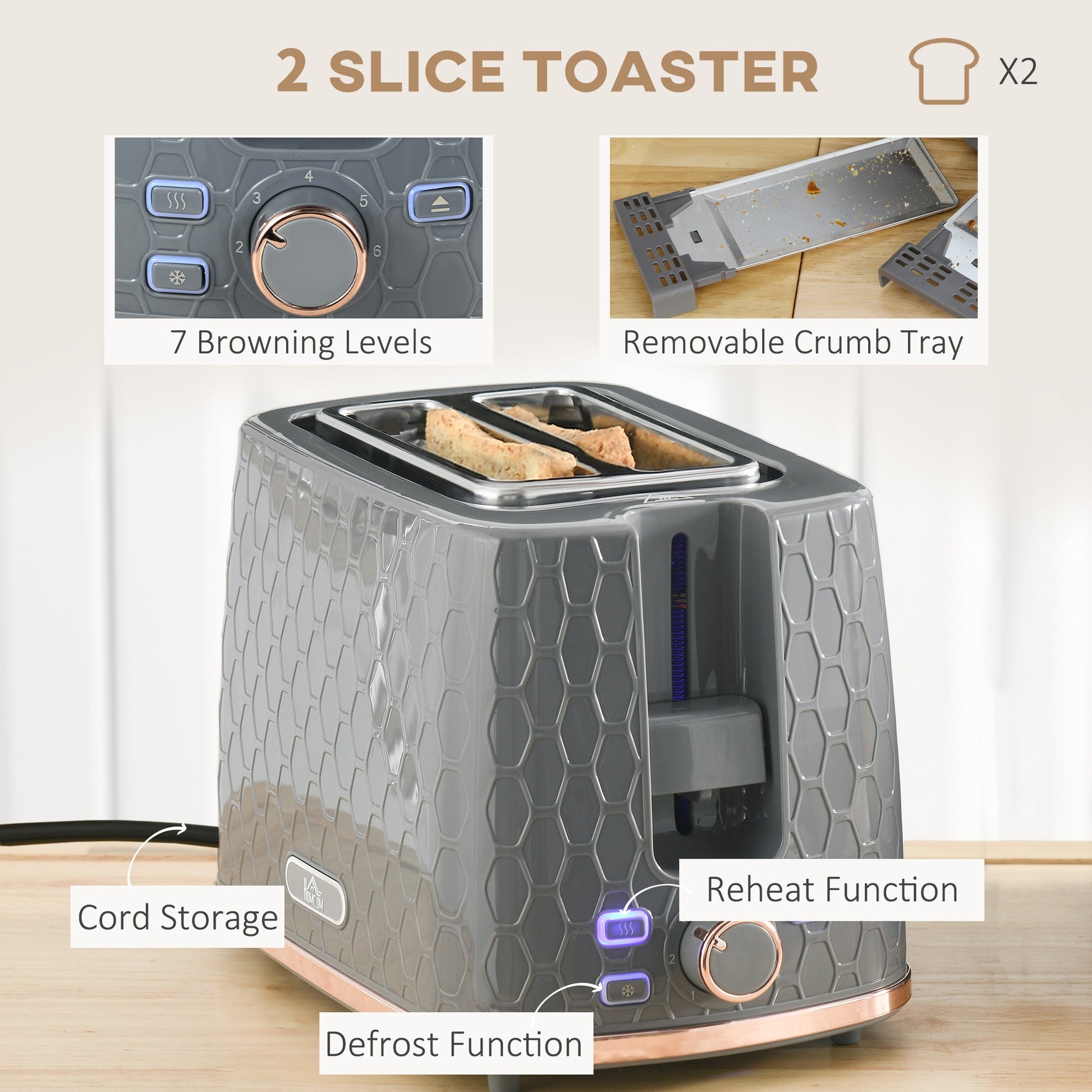 HOMCOM 1.7L 3000W Fast Boil Kettle & 2 Slice Toaster Set, Kettle and Toaster Set with Auto Shut Off, Browning Controls, Grey - Aapon Mini Market Ltd