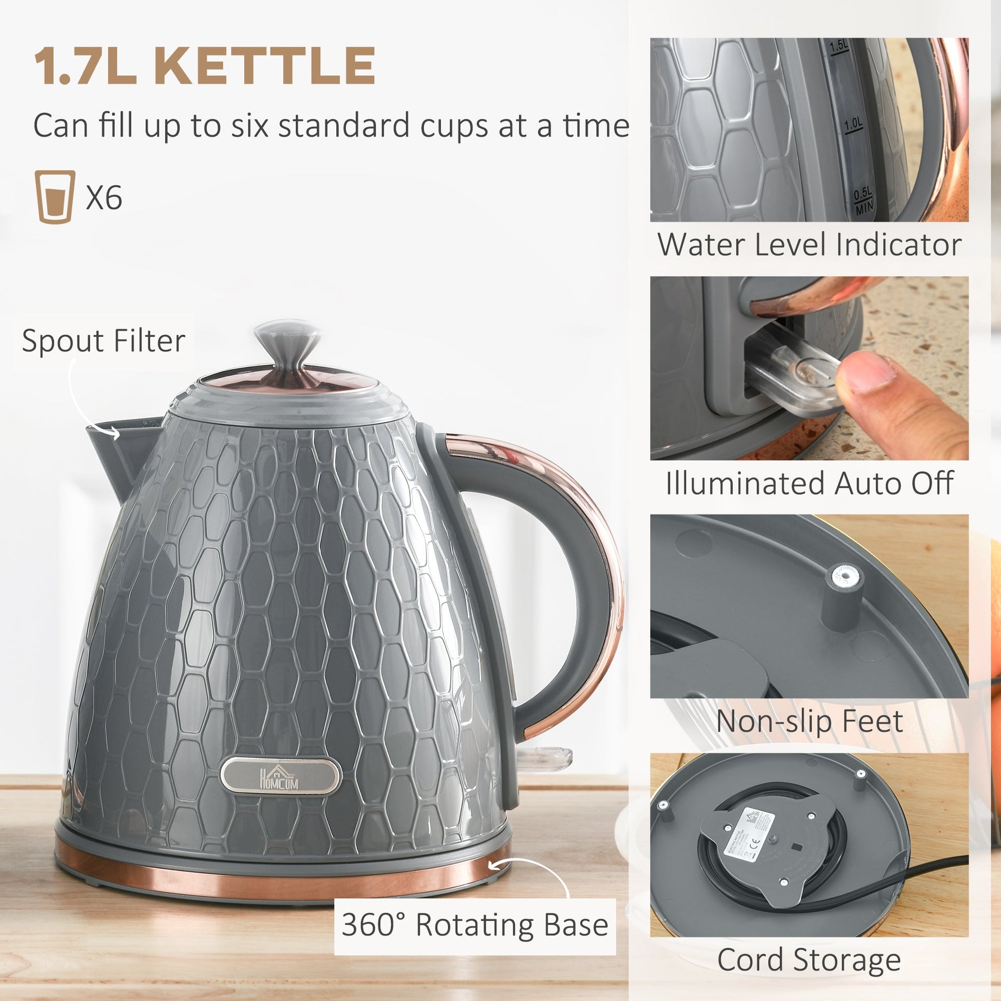 HOMCOM 1.7L 3000W Fast Boil Kettle & 2 Slice Toaster Set, Kettle and Toaster Set with Auto Shut Off, Browning Controls, Grey - Aapon Mini Market Ltd