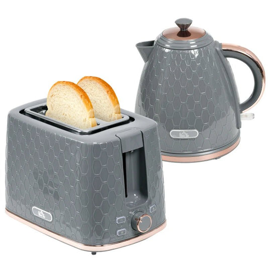 HOMCOM 1.7L 3000W Fast Boil Kettle & 2 Slice Toaster Set, Kettle and Toaster Set with Auto Shut Off, Browning Controls, Grey - Aapon Mini Market Ltd