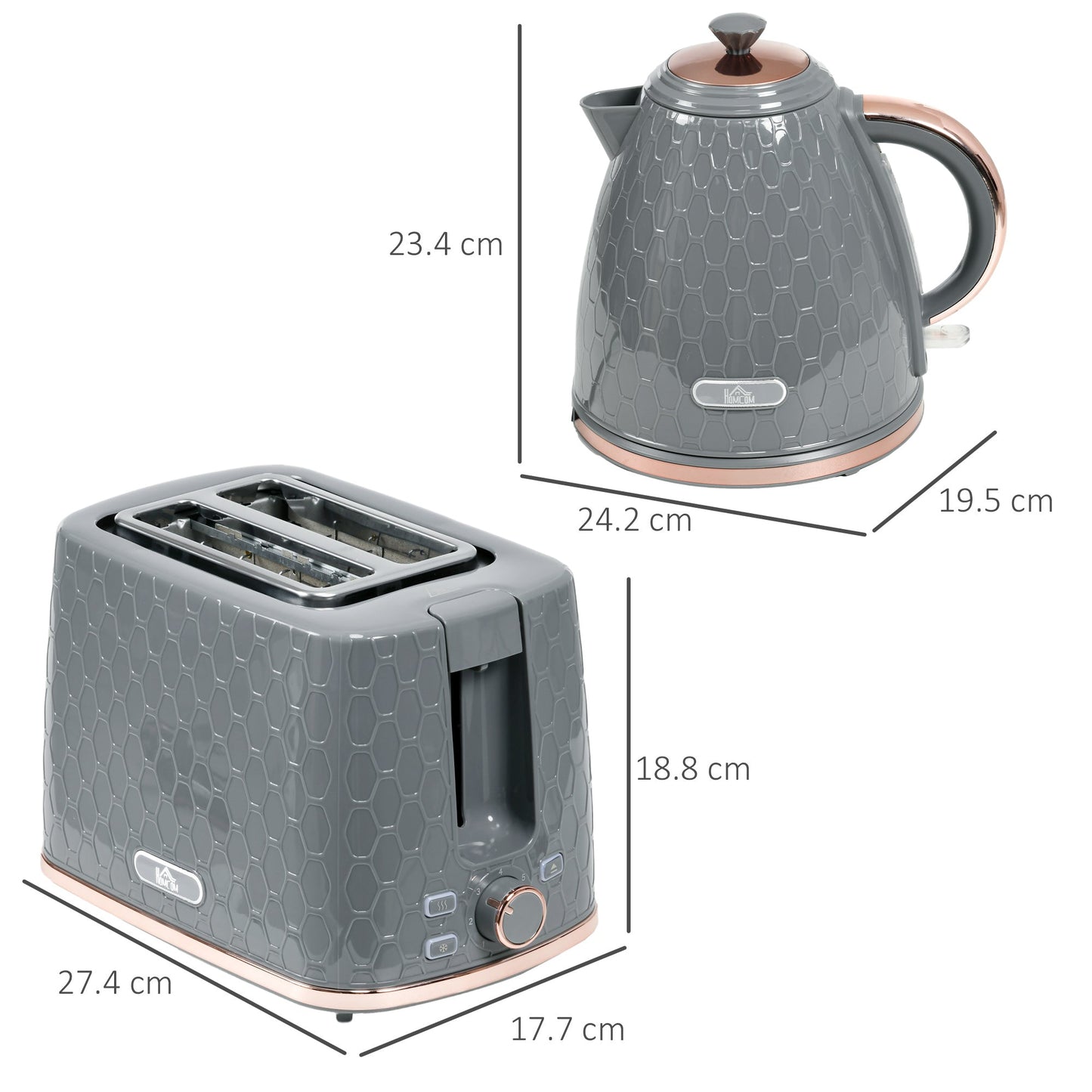 HOMCOM 1.7L 3000W Fast Boil Kettle & 2 Slice Toaster Set, Kettle and Toaster Set with Auto Shut Off, Browning Controls, Grey - Aapon Mini Market Ltd
