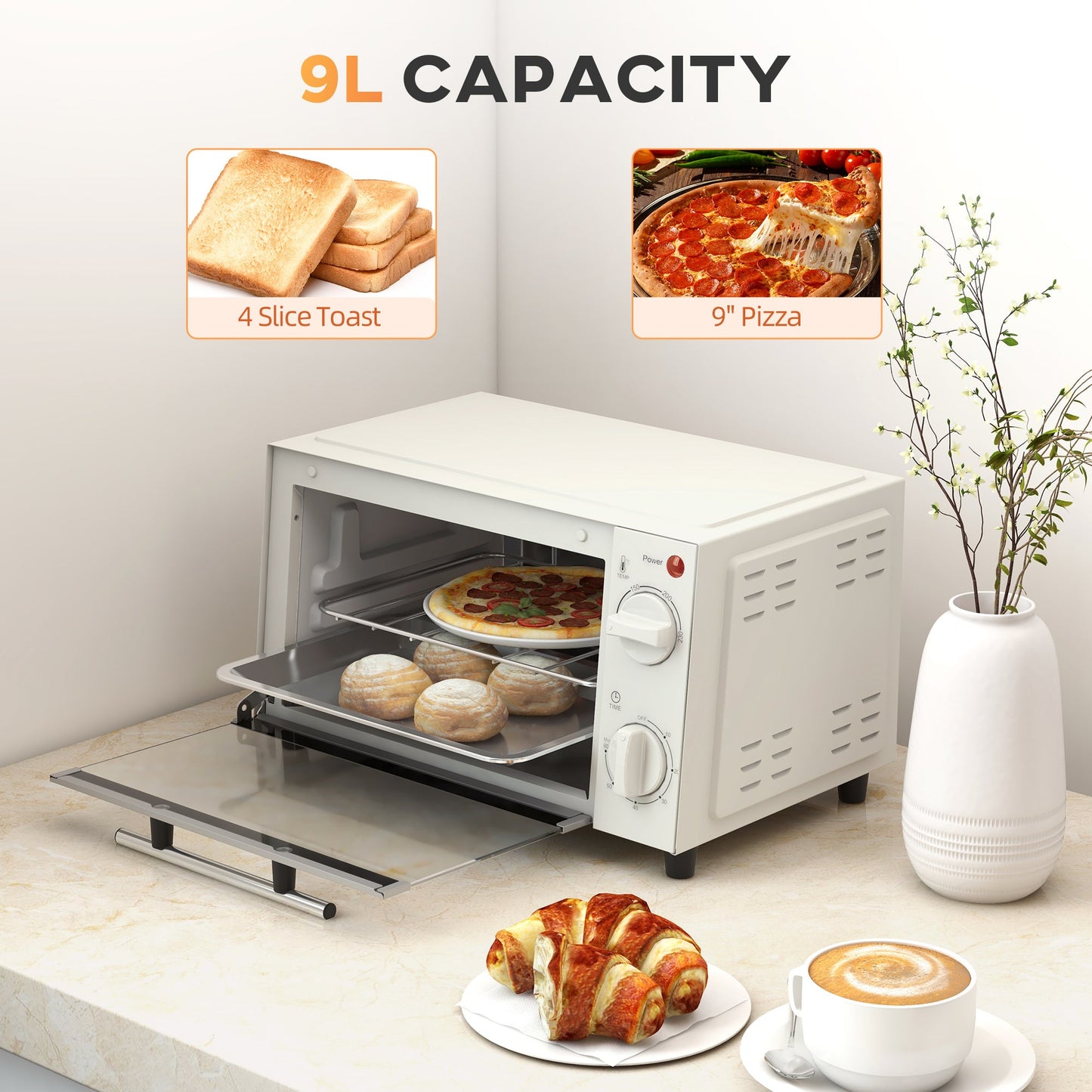 Mini Oven, 9L Countertop Electric Grill, Toaster Oven with Adjustable Temperature, Timer, Baking Tray and Wire Rack, 750W, Cream | HOMCOM - Aapon Mini Market Ltd