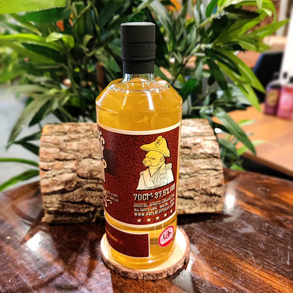 Bristol honey rum 70cl 37.5% vol bottle on a wooden table