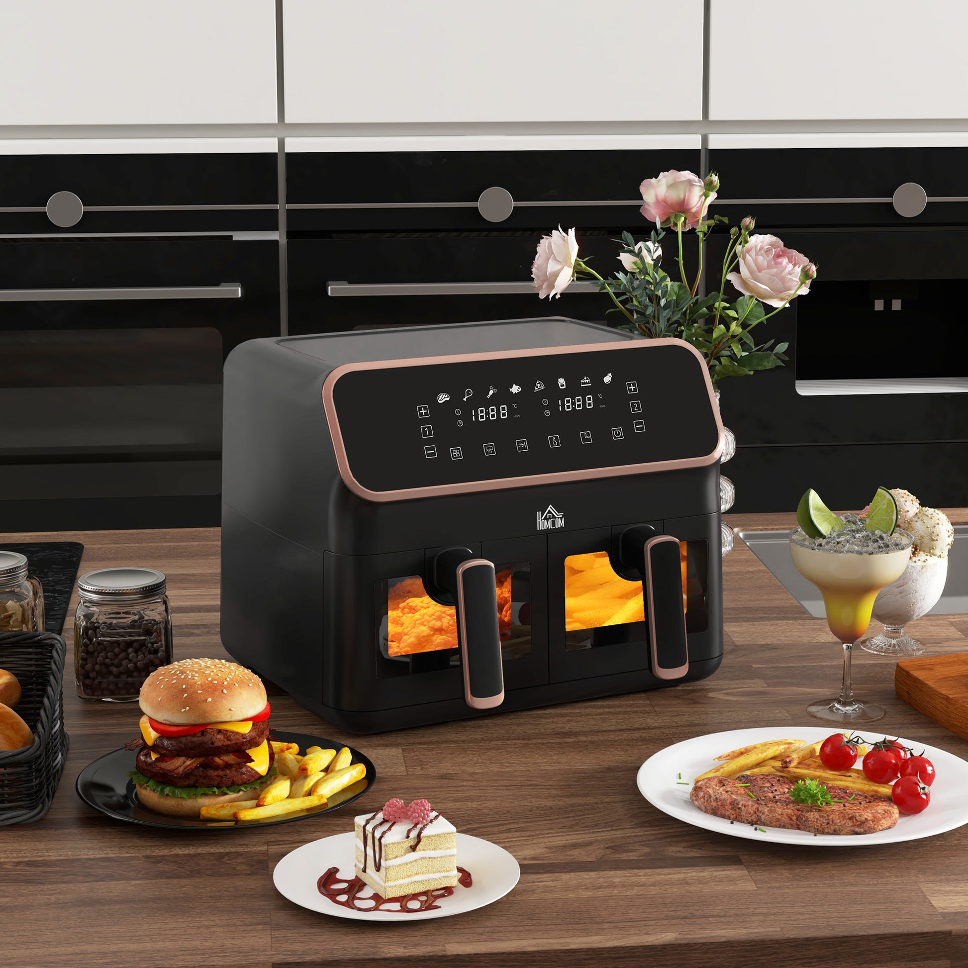 8L Dual Air Fryer, Family Size Double Air Fryer Oven w/ 8-In-1 Presets, Smart Finish, Digital Display, Visual Window, Timer | HOMCOM-8
