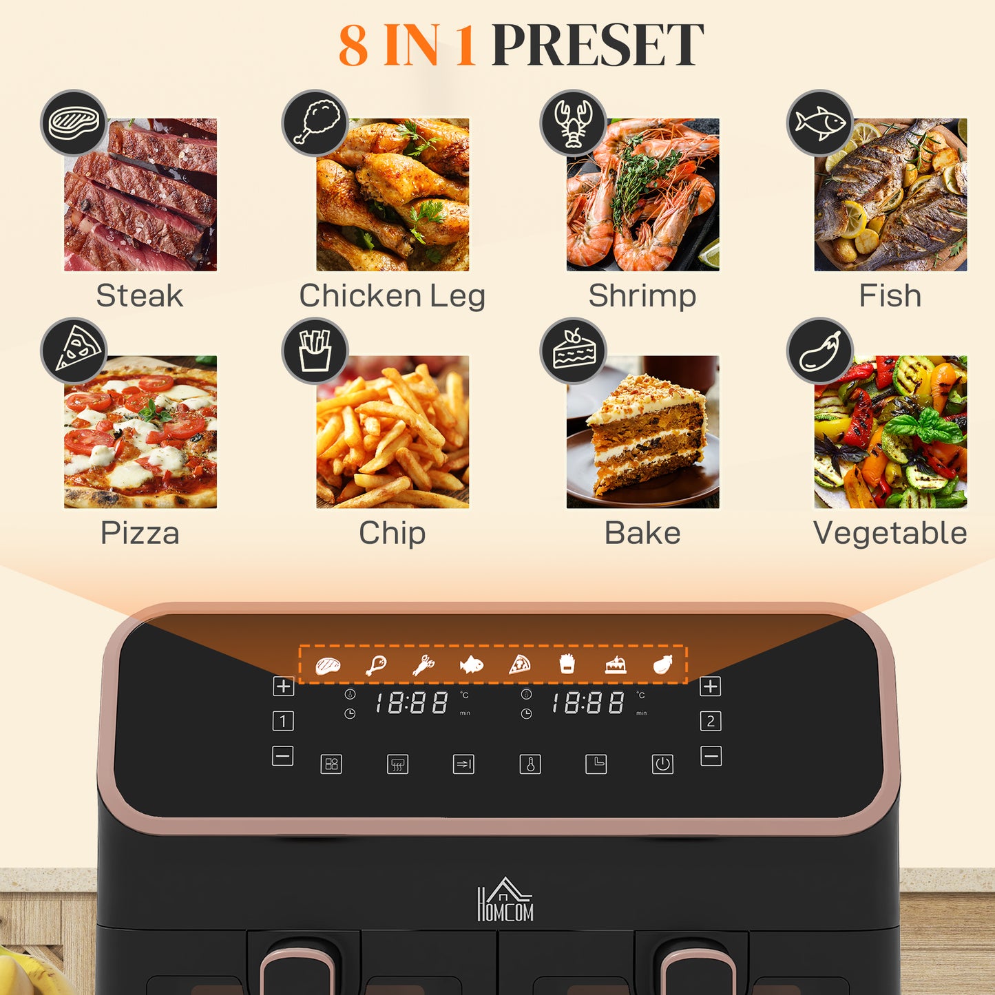 8L Dual Air Fryer, Family Size Double Air Fryer Oven w/ 8-In-1 Presets, Smart Finish, Digital Display, Visual Window, Timer | HOMCOM-3