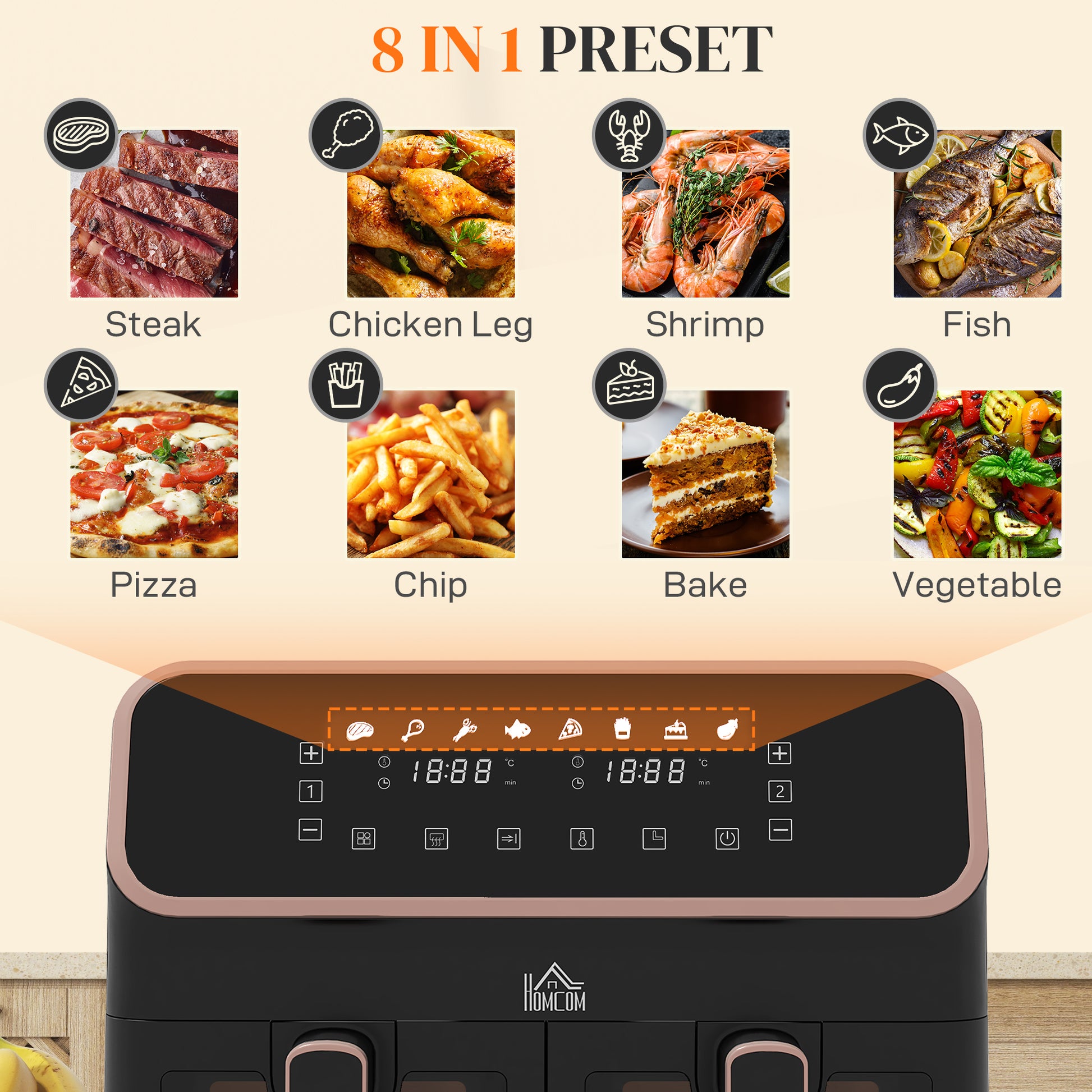 8L Dual Air Fryer, Family Size Double Air Fryer Oven w/ 8-In-1 Presets, Smart Finish, Digital Display, Visual Window, Timer | HOMCOM-3